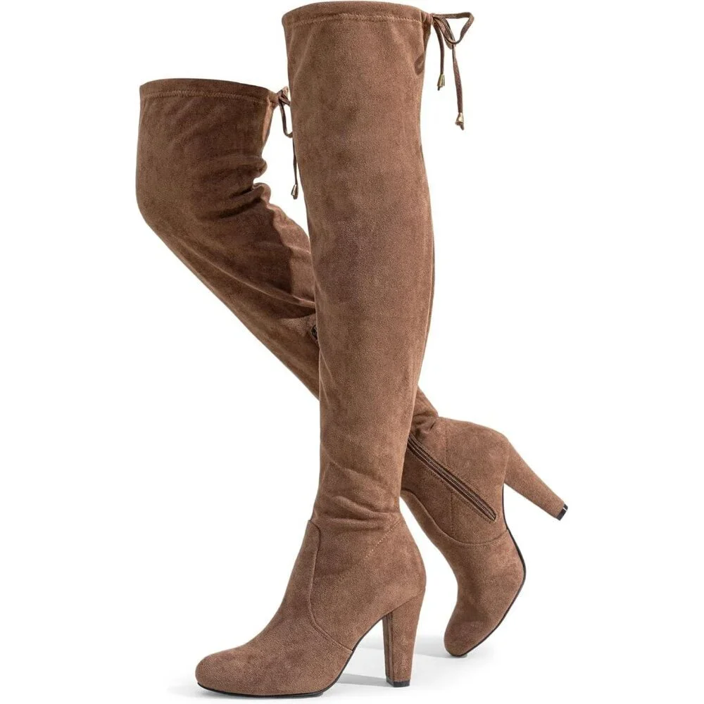 Women's Mocha Toffee Suede Inner Zipper Thigh High Over The Knee High Heel Boots